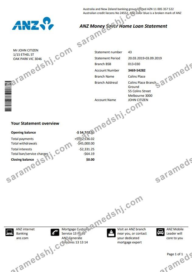 Australia ANZ proof of address bank statement template1